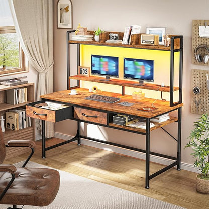 DurayLoly 47.2" Computer Desk with Hutch& Drawers,Desk for Bedroom | Eye-protective Soft LED Teen Study Desk Built-in USB Port for Desk Lamps Monitor Stand, Protect Neck & Spine