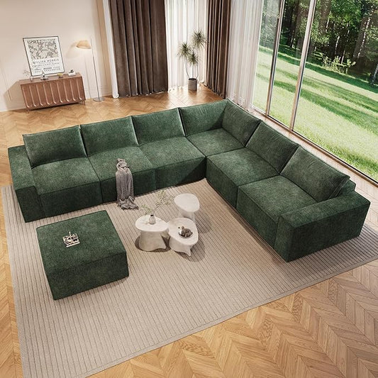 Vesgantti 143.7" Oversized Boneless Couch, Modern 7 Seater Modular Sectional Sofa with Deep Seat, Convertible Chenille Cloud Couches for Living Room, No Assembly Required, Green
