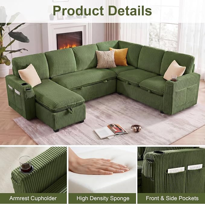 Sectional Sleeper Sofa with Pull Out Bed, Plush Corduroy 7 Seat Modular Sectional Sofa with Storage Chaise and Adjustable Backrest, Cloud Couches for Living Room, Apartment, Green