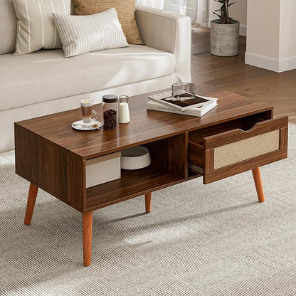 ZttRiee Rattan Coffee Table with Drawer, Mid-Century, Walnut | 39.4"L x 19.7"W x 16.9"H, 220 lbs capacity, 1 rattan drawer & open compartments, solid wood legs, ~30 min assembly
