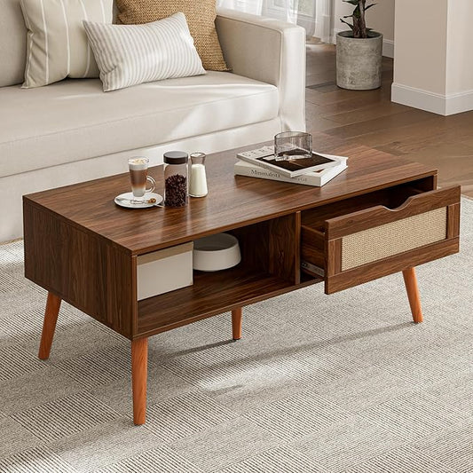 ZttRiee Rattan Coffee Table with Drawer, Mid-Century, Walnut | 39.4"L x 19.7"W x 16.9"H, 220 lbs capacity, 1 rattan drawer & open compartments, solid wood legs, ~30 min assembly
