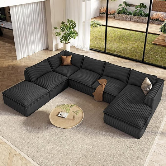Vesgantti 141.7" Oversized Sectional Boneless Couch, Modern 7 Seater Modular Sofa with Chaise & Ottoman, Deep Seat Plush Corduroy Cloud Couches for Living Room, No Assembly Required, Dark Gray