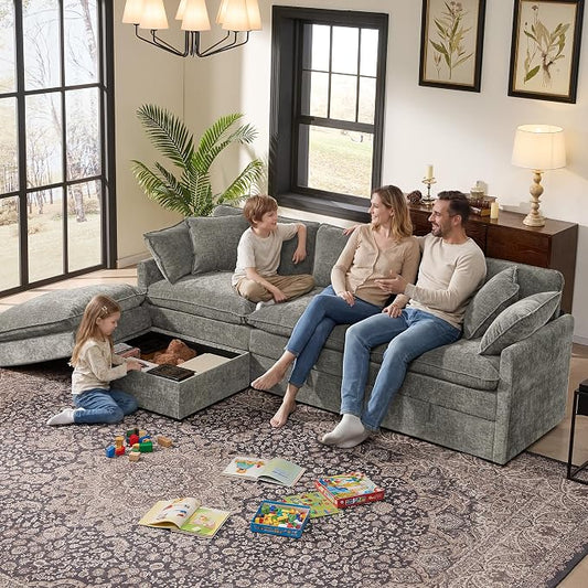 Ihanherry 103" Modular Sectional Sofa with Storage, L Shaped Cloud Couch with Movable Ottomans & Throw Pillows, Chenille Deep Seat Sectional Couches for Living Room, Apartment (Grey)