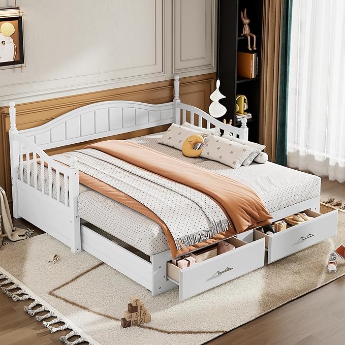Merax Multifunctional Extending Day Bed with Trundle & Drawers Twin to King Wood Sofa Bed with Headboard No Box Spring Needed White