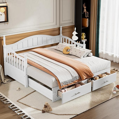Merax Multifunctional Extending Day Bed with Trundle & Drawers Twin to King Wood Sofa Bed with Headboard No Box Spring Needed White