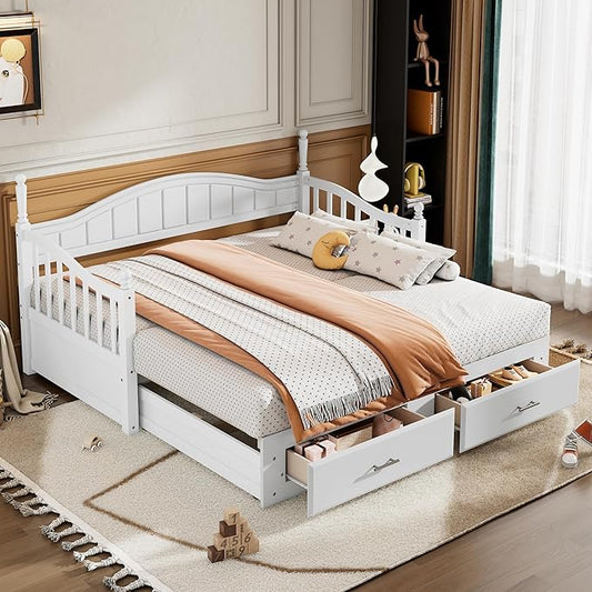 Merax Multifunctional Extending Day Bed with Trundle & Drawers Twin to King Wood Sofa Bed with Headboard No Box Spring Needed White