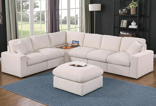 Ball & Cast 116" Oversized Modular Sectional Sofa,Large Chenille Upholstered Couch L-Shaped 7 Seat with Movable Ottoman & 2 Pillows,Comfty Sectionals W/Cup Holders & USB Ports,for Living Room,Beige