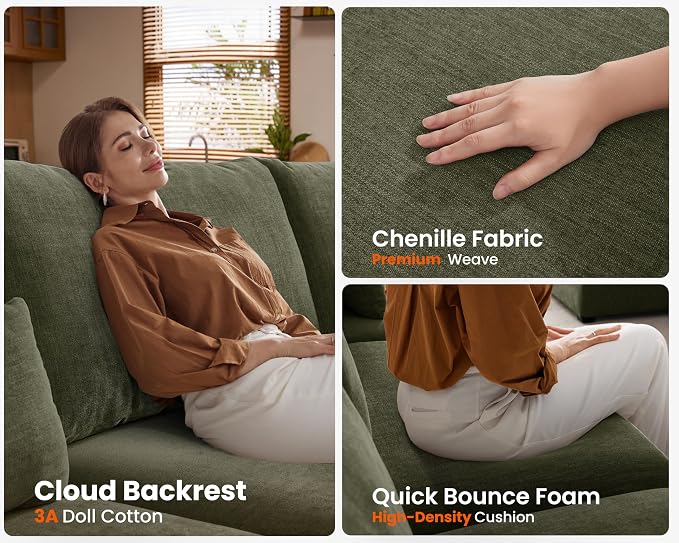115" Oversized Chenille Couch Modular Sectional Sofa, Washable Cloud Couch Sectional with 3 Ottoman, 6 Seater Sectional Couches for Living Room, Fully Cover Removable, Sleeper Sofa, Chenille, Green