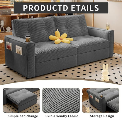 73.2'' Futon Sofa Bed Full Size, Pre-Assembled Pull Out Couch, Adjustable Backrest, Corduroy Convertible Sleeper Sofa, 2 Cup Holders, USB, Pockets, Loveseat for Living Room, Apartment, Grey | Soft Material