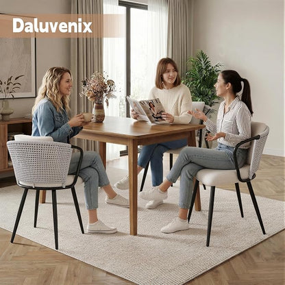 Modern Rattan Dining Chairs Set of 6, Upholstered Kitchen Chair with Metal Legs, Ergonomic Curved Backrest, Mid Century Living Room Chairs with Throw Pillow for Home, Light Grey