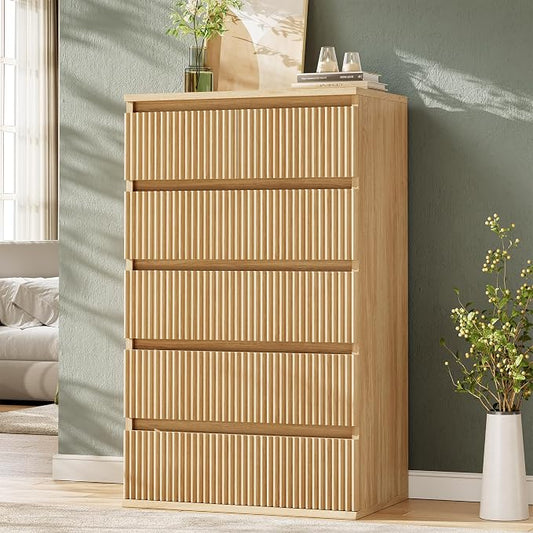 Jocoevol Fluted 6 Drawer Dresser for Bedroom, Modern Wood Chest of Drawers, Tall Storage Dresser with Deep Drawers, Handleless Floor-Standing Dresser for Bedroom, Living Room, Entryway, Natural Oak