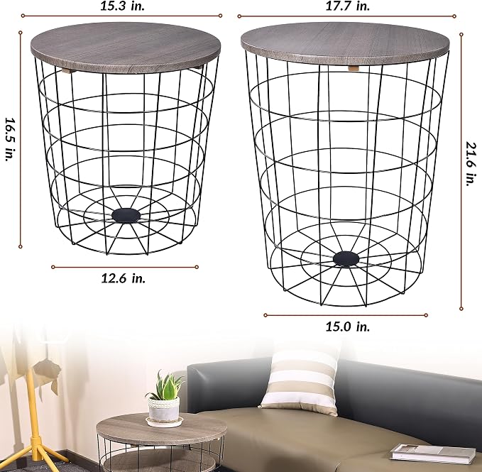 Elevon Nesting Table End Table Wire Basket Base with Wood Tops Side Table Set of 2, Gray
