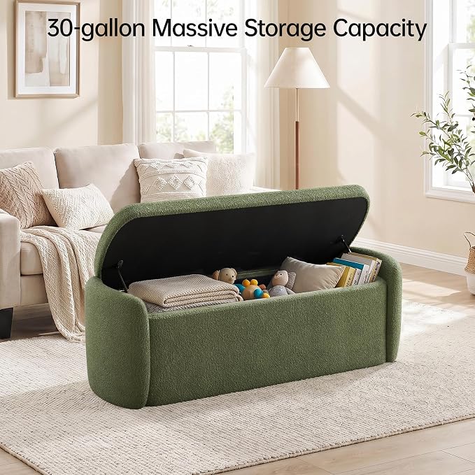 VKNOW 51" Storage Ottoman Bench, Upholstered End of Bed Bench with Smooth Hinges, Oval Large Ottoman Bench for Bedroom, Living Room and Hallway Entryway, Green