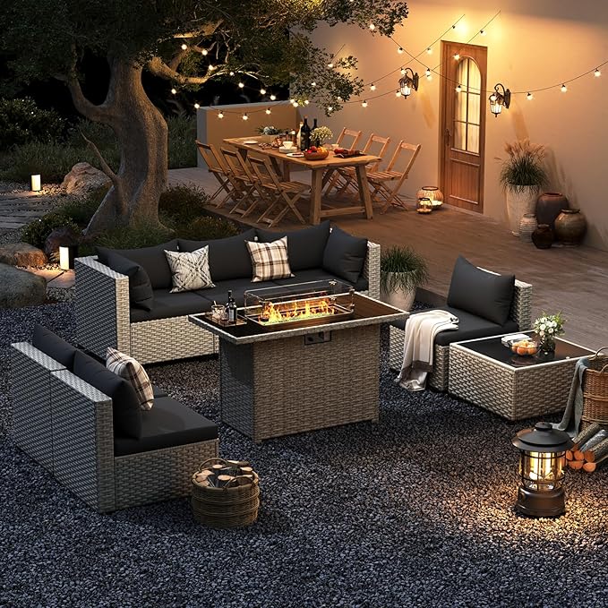 UDPATIO Patio Furniture Set with Fire Pit Table, 8 Pcs Outdoor Sectional Sofa, PE Wicker Patio Conversation Set for Garden, Backyard (Black Cushions with Light Grey Rattan)