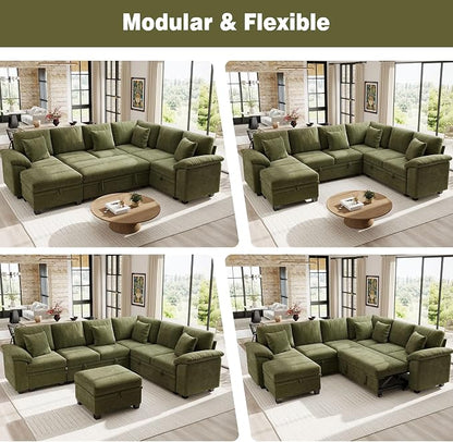 Ihanherry 108" Modular Sectional Sofa with Pull Out Bed, 7-Seater L Shaped Sectional Sleeper Couch with Storage, Chenille Convertible Couches for Living Room, Apartment (Green)