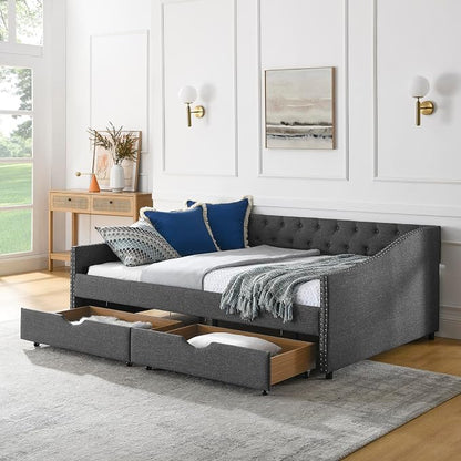 KEIKI Full Size Upholstery Daybed with 2 Drawers and Headboard, Mid-Century Style Tufted Sofa Bed with Button on Back, Easy Assembly, No Box Spring Required, for Living Room and Bedroom, Dark Grey