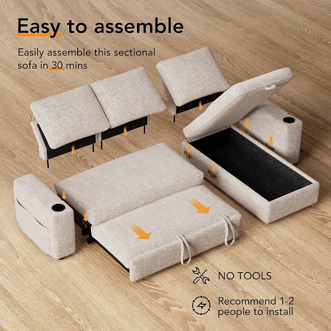 Vipbear Sleeper Sofa Bed, 82" Pull Out Couch with Reclining Backrest/Reversible Storage Chaise, 3 in 1 L-Shaped Couch with Armrest Storage | Cup Holder | Side Pocket | Tool-Free Assembly | Beige