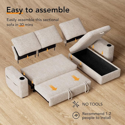 Vipbear Sleeper Sofa Bed, 82" Pull Out Couch with Reclining Backrest/Reversible Storage Chaise, 3 in 1 L-Shaped Couch with Armrest Storage | Cup Holder | Side Pocket | Tool-Free Assembly | Beige