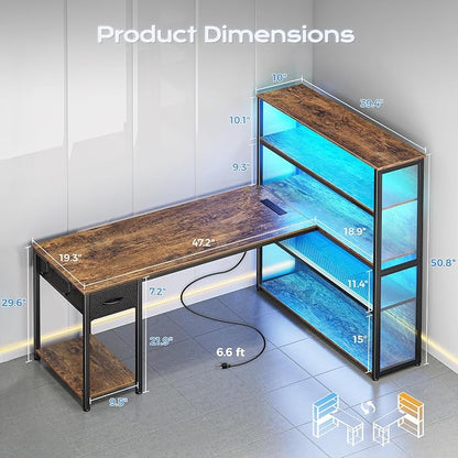 PRAISUN 57 Inch L Shaped Gaming Computer Desk with Larger Open Cabinet, Reverisble Office Desk with Power Outlets, LED Lights, Work Desk, Fabric Drawer, Adjustable Wood and Mesh Shelf, Rustic Brown