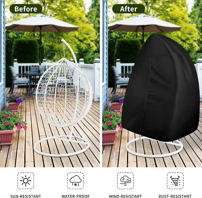 Easy-Going Patio Hanging Egg Chair Cover, UV Resistant Waterproof Outdoor Double Seat Swing Chair Cover with Zipper, Black