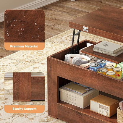UNIQUITE 40" Lift Top Coffee Table, 4 in 1 Multi-Function Lift Coffee Tables with Storage and Hidden Compartment, Convertible Wood Coffee Tables to Dining Table for Living Room, Walnut