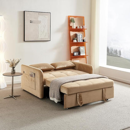 55.5" Velvet Convertible Sofa Bed, Pull Out Sleeper Sofa Bed, Loveseat Couch with USB Charging Ports, 3 in 1 Convertible Sleeper Sofa Bed for Living Room, Apartment, Bedroom, RV, Khaki