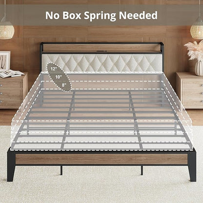 ANCTOR California King Bed Frame, Storage Headboard with Charging Station, Platform Bed Frame with Strong Metal Support, Sturdy & Stable, Noise Free, No Box Spring Needed, Easy Assembly,Wood and Cream