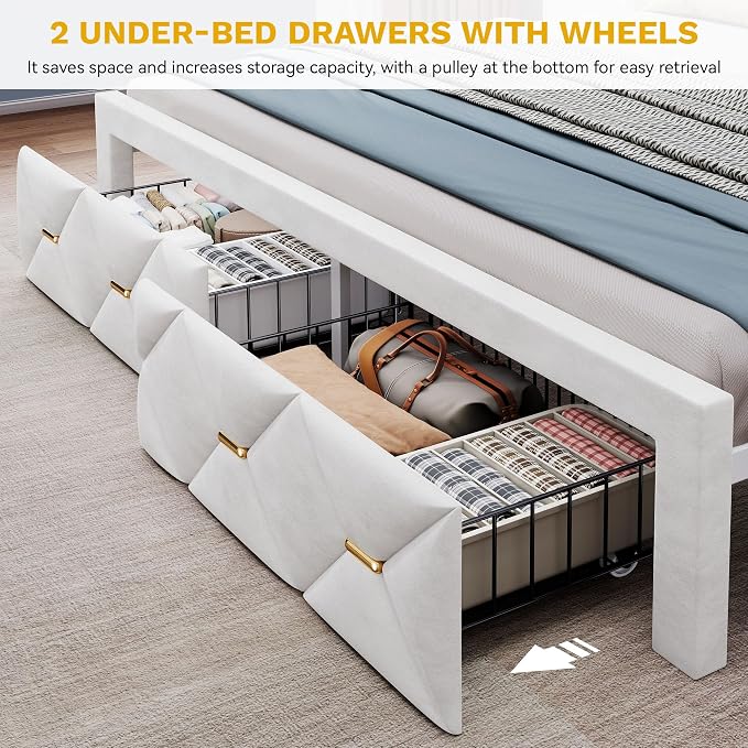 YITAHOME King Size Bed Frame with 2 Storage Drawers and Storage Headboard, Upholstered Platform with Charging Station and LED Light, No Box Spring Needed, Noise Free, Easy Assembly, Velvet White