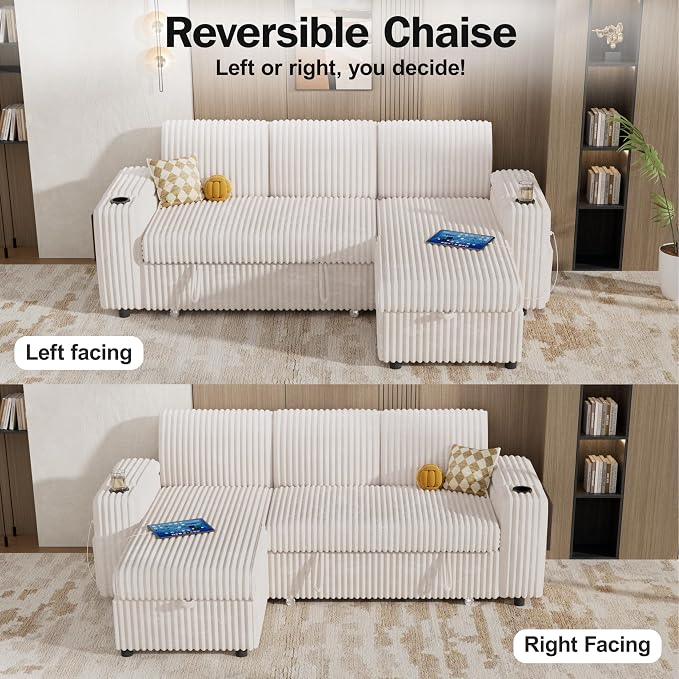 Vipbear 86" Modular Sectional Sleeper Sofa with Pull Out Bed, 3 Seat Plush Corduroy L Shaped Couch with Storage Chaise|USB Ports|Cup Holders|Side Table|Storage Armrests, Tool Free Assembly, Beige