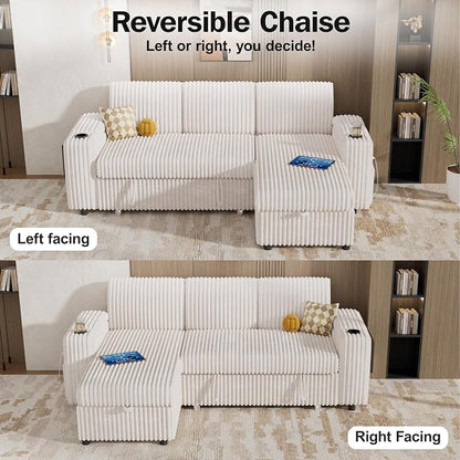 Vipbear 86" Modular Sectional Sleeper Sofa with Pull Out Bed, 3 Seat Plush Corduroy L Shaped Couch with Storage Chaise|USB Ports|Cup Holders|Side Table|Storage Armrests, Tool Free Assembly, Beige
