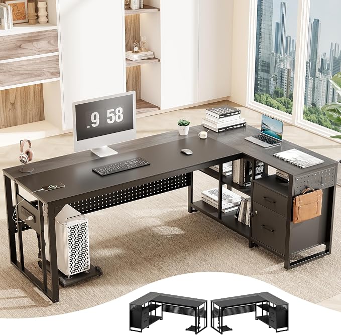 MALOL 70.3" L-Shaped Office Desk, Reversible L-Shaped Computer Desk with Power Outlet, Large Executive Desk with Locked File Drawers & Storage Shelves, Pegboard, Mobile CPU Stand, Modern Corner Desk