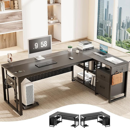 MALOL 70.3" L-Shaped Office Desk, Reversible L-Shaped Computer Desk with Power Outlet, Large Executive Desk with Locked File Drawers & Storage Shelves, Pegboard, Mobile CPU Stand, Modern Corner Desk