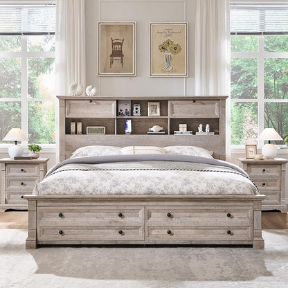 Farmhouse King Size Bed Frame with 54" Tall Storage Bookcase Headboard, 18" Roman Column Decoration Footboard,2 Drawer & 4 Storage Rack, Wood Platform Bed Frame, No Box Spring Needed(Light Rustic Oak)