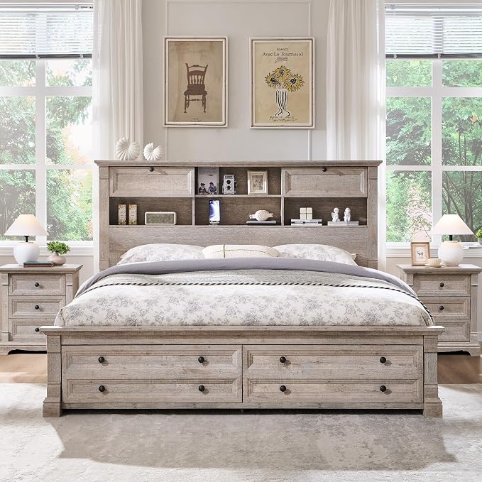 Farmhouse Queen Size Bed Frame with 54" Tall Storage Bookcase Headboard, 18" Roman Column Decoration Footboard,2 Drawer & 4 Storage Rack,Wood Platform Bed Frame, No Box Spring Needed(Light Rustic Oak)