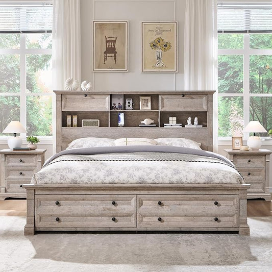 Farmhouse Queen Size Bed Frame with 54" Tall Storage Bookcase Headboard, 18" Roman Column Decoration Footboard,2 Drawer & 4 Storage Rack,Wood Platform Bed Frame, No Box Spring Needed(Light Rustic Oak)