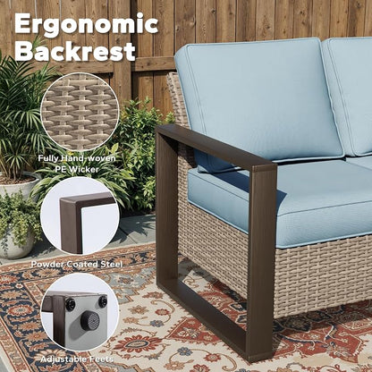 Joyside Outdoor Patio Wicker Sofa, 3-Seater Rattan Sofa with Thick Olefin Cushions and Metal Steel Rectangular Framed Armrest -Looking Metal Armrest Suitable for Garden, Backyard, Porch, Deck