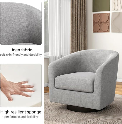 Swivel Barrel Accent Chair, Modern Round Linen Arm Chair for Living Room, Bedroom, Comfy Club Reading Chairs for Adults（Linen Fabric, Light Grey, Set of 2
