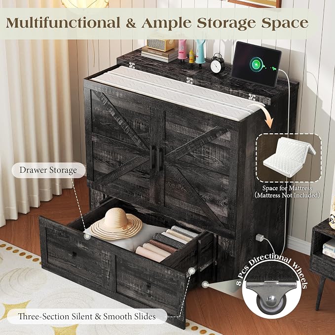 LUXOAK Twin Murphy Bed with Built-in Charging Station and Storage Drawer, Farmhouse Foldable Cabinet Bed for Guest Room, Apartment or Home Office, Black Oak