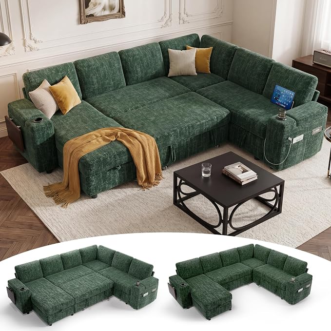 Vipbear Premium 111" Modular Sectional Sleeper Sofa, 7 Seat Sleeper Sofa with Pull Out Bed, L Shaped Couch with USB Ports|Storage Chaise|Cup Holders|Storage Armrests|Side Table, Green