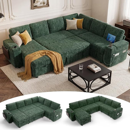 Vipbear Premium 111" Modular Sectional Sleeper Sofa, 7 Seat Sleeper Sofa with Pull Out Bed, L Shaped Couch with USB Ports|Storage Chaise|Cup Holders|Storage Armrests|Side Table, Green