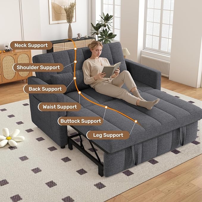 Nebuaegis Sleeper Sofa Bed,3-in-1 Convertible Pull Out Couch with Adjustable Backrest for Living Room,Loveseat Sofa Bed with Side Pockets,Easy Assembly,Light Gray,1 PCS