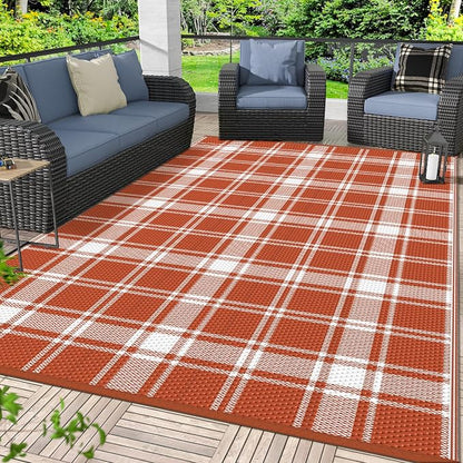 GENIMO Waterproof Outdoor Rug for Patio Clearance, 6'x9' Reversible Plastic Straw Rugs, Lightweight RV Camping Mat for Camper, Balcony, Deck, Backyard, Picnic, Orange White Plaid