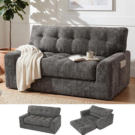 MONVANE 55.5" Convertible Loveseat Sofa, Comfy Chenille Cloud Couch with Storage Pocket, Modern Deep Seat Boneless Couch, 2 Seater Sofa for Living Room, No Assembly Required, Grey