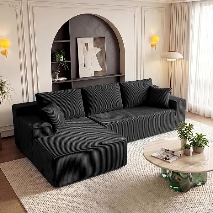 GRUSIGN Cloud Sectional Boneless Couches for Living Room, Modular L Shaped Couch with Deep Seat Oversized Left Facing Chaise, Memory Foam Compressed Spineless 3 Seater Sofa for Apartment, Black