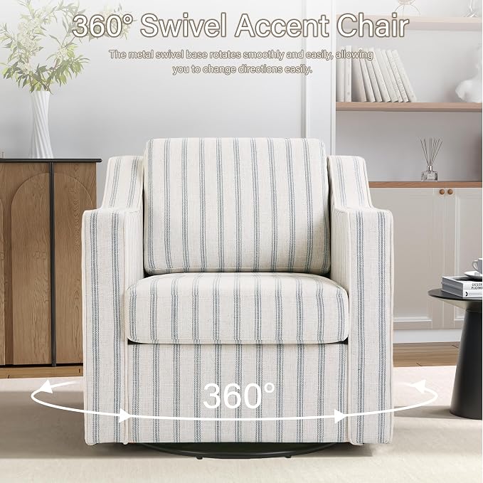 Swivel Accent Chairs Set of 2, 360° Swivel Upholstered Club Armchairs for Living Room, Comfy Reading Chair with Deep Seat, Metal Swivel Base, Pinstripe Light Blue