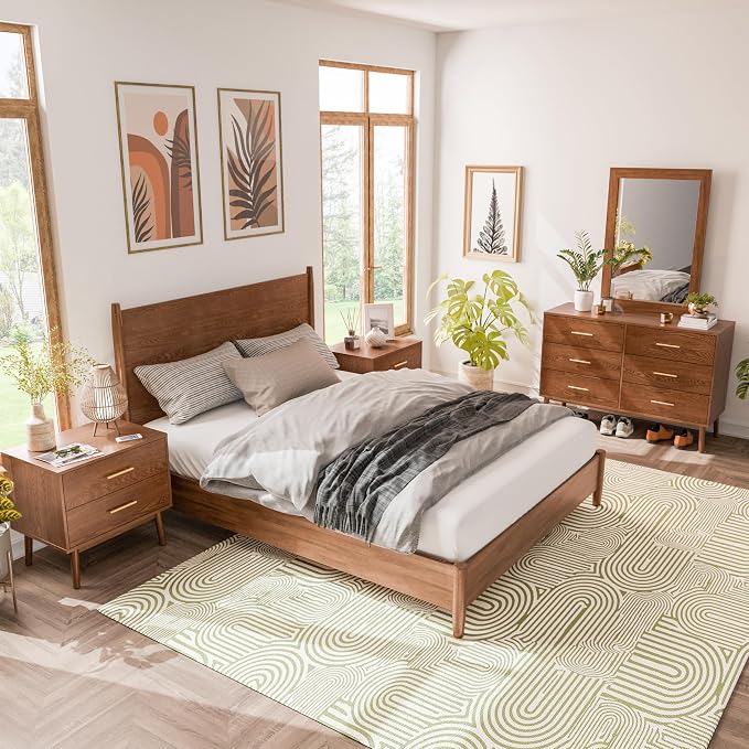 Furniture of America Wyatt Modern Solid Wood Bedroom Collection with Queen Bed Frame, Nightstands, Dresser with Mirror, No Box Spring Needed, Walnut, Standard Platform, 5-Piece Set