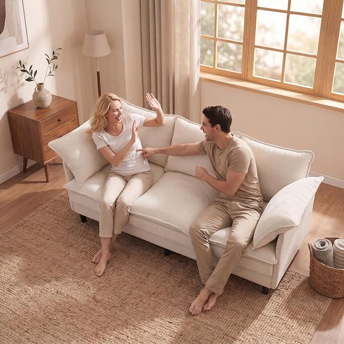 KYJ 69 Inch Small Sofa, 3-Seater Loveseat Couch with Cloud 2 Layer Cushion, 22.8" Deep Seat, Oversized Pillows, Chenille Fabric, Compact for Small Spaces,Apartment, Living Room, Studio, Office, Beige