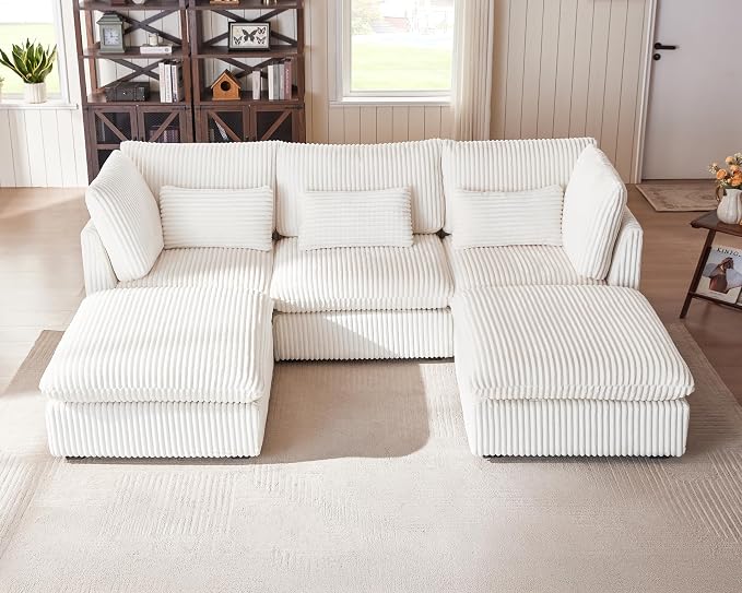 115" Oversized Corduroy Couch Modular Sectional Sofa, Washable Cloud Couch Sectional with 2 Ottoman, 5 Seater Sectional Couches for Living Room, Fully Cover Removable, U Shaped, Corduroy, White
