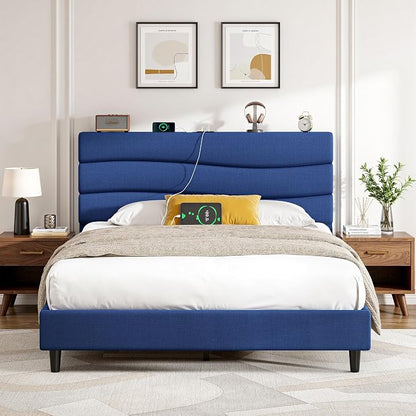 EnHomee Full Size Bed Frame with Adjustable Height Upholstered Headboard, 3 USB Charging Ports, Noise-Free Platform Bed, No Box Spring Needed,Navy Blue