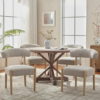 VKNOW Wooden Dining Chairs Set of 4 with Curved Open Back, Brown | Natural Rubberwood Legs, Soft Chenille Fabric, Thickened Cushion, For Adults and Family, Dining Room, Kitchen, No Wobble